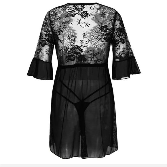 Women's Sexy Lingerie Babydoll Lace Chemise Sheer Mesh Open Front Sleepwear Set - Picture 6 of 7